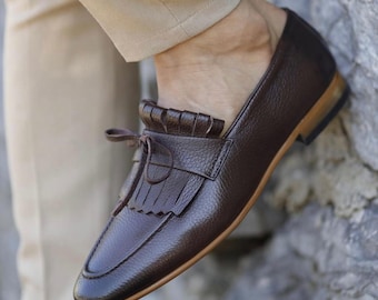 Handmade Men's Brown Fringe Tassel Loafers | Slip-On Dress Shoes | Luxury Leather Casual Formal Footwear