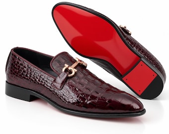 Handmade Crocodile Embossed Burgundy Leather Loafers for Men Luxury | Red Sole