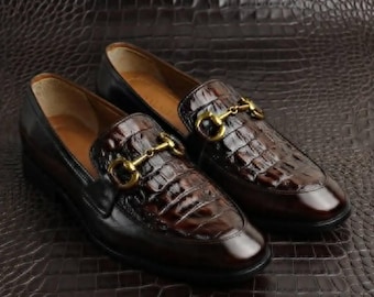 Men's Brown Croc Embossed Leather Loafers, Horsebit Detail Dress Shoes, Formal Slip-On Footwear