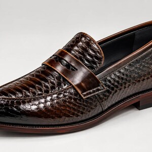 Men's Brown Python Embossed Leather Penny Loafers | Handmade Snake Print Slip On Shoes