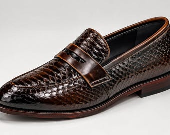 Men's Brown Python Embossed Leather Penny Loafers | Handmade Snake Print Slip On Shoes