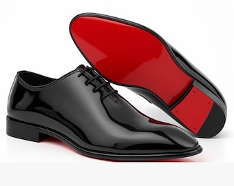 Chaussures Oxford noires pour homme, en cuir de veau pleine fleur, fabriquées à la main pour les mariages, semelle rouge.