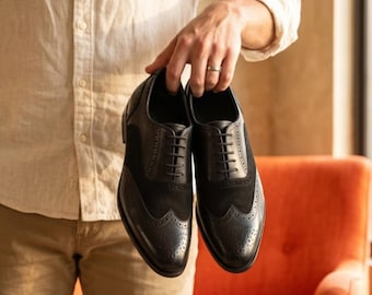 Handmade Men's oxfords black Calf leather dress shoes, Toe Cap Brogue Shoe