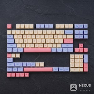 May include: A mechanical keyboard keycap set featuring a color palette of cream, light blue, and pink. The layout includes standard alphanumeric keys, function keys, a numeric keypad, and navigation keys with various symbols and text labels.