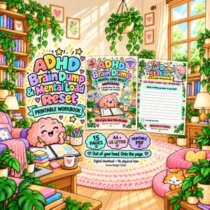 Può includere: Un quaderno di esercizi stampabile ADHD Brain Dump & Mental Load Reset con un personaggio a forma di cervello, pagine a righe per compiti e note. Il testo recita ADHD Brain Dump & Mental Load Reset, 15 Pages, A4 + US Letter, Printable PDF.
