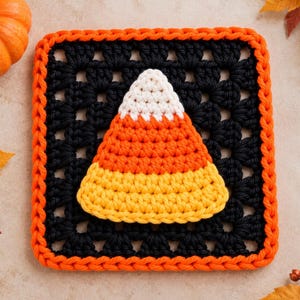 May include: A square crochet coaster featuring a black granny square pattern with a bright orange border. Centered on the square is a triangular candy corn motif worked in horizontal stripes of white, orange, and yellow yarn with a textured finish.