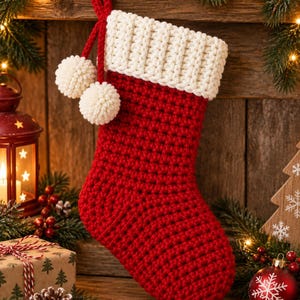 May include: A red crocheted Christmas stocking featuring a thick, ribbed white cuff at the top. Two white yarn pom-poms are attached to the side of the stocking by a red cord, which also forms a loop for hanging the item on a hook or branch.