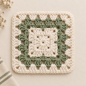 May include: A square crochet granny square coaster featuring a central cream-colored cluster, a middle border of sage green yarn, and an outer border of cream yarn. The piece is constructed with a classic open-stitch pattern and finished with a solid edge.