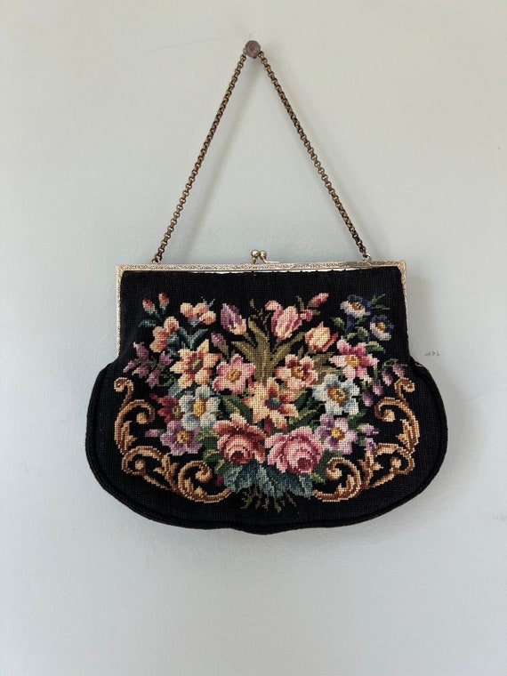 RARE 1920s - 1930s Vintage Floral Carpet Bag Clut… - image 5