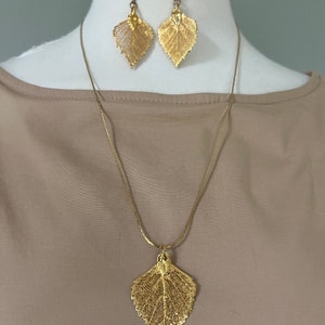 Vintage 24ct Gold Dipped Aspen Leaf Pendant Necklace Leaves Earrings Jewelry image 1