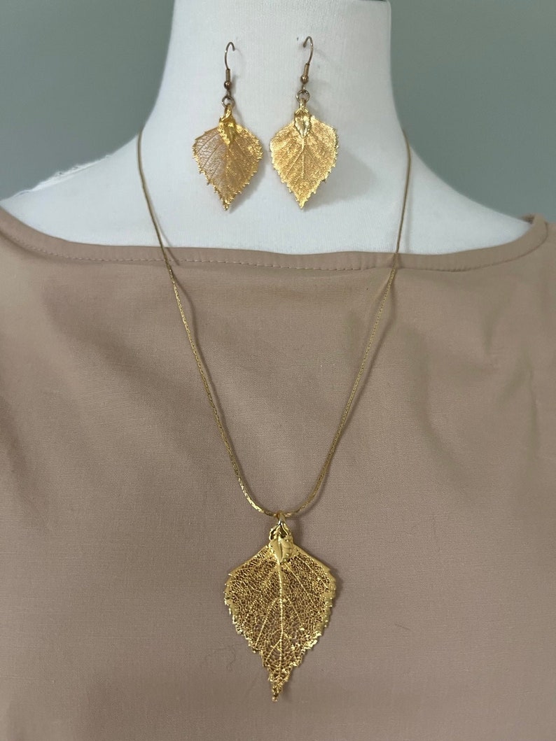 Vintage 24ct Gold Dipped Aspen Leaf Pendant Necklace Leaves Earrings Jewelry image 1