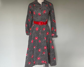 BNWT 1980s Deadstock Vintage Polka Dot Red Poinsettia Dress w/Belt Carolina Maid