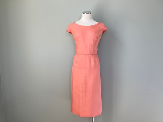 1950s Sweet Peach Silk Linen Easter Dress | Size … - image 1