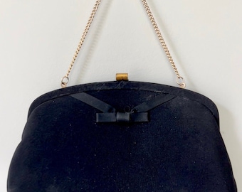 1950s Vintage Black Clutch Purse w/Bow & Chain Handle New Years Eve NYE Purses