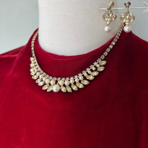 1950s Vintage Mid-Century Modern Necklace Earrings Pearls & Yellow Rhinestones image 1