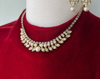 1950s Vintage Mid-Century Modern Necklace + Earrings Pearls & Yellow Rhinestones