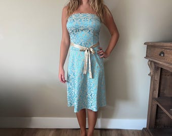 Marie Antoinette Inspired Brocade Dress In French Blue Floral Print | Size 3/4
