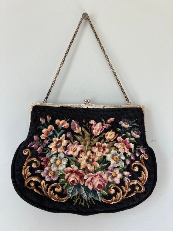 RARE 1920s - 1930s Vintage Floral Carpet Bag Clut… - image 3