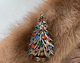 1950s Vintage Jeweled Frosted Christmas Tree Brooch Pin ModeArt Jewelry Creation