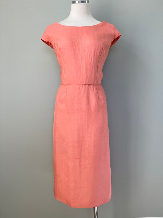 1950s Sweet Peach Silk Linen Easter Dress | Size … - image 4