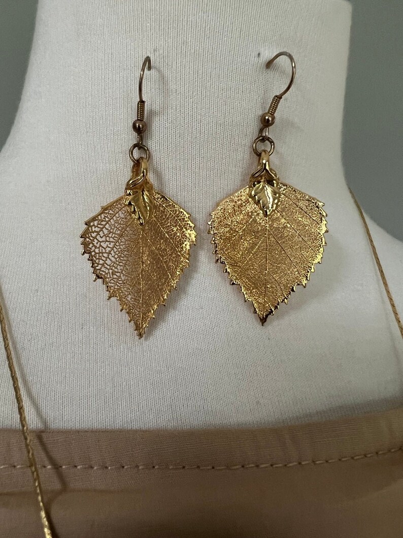 Vintage 24ct Gold Dipped Aspen Leaf Pendant Necklace Leaves Earrings Jewelry image 5