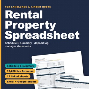 Rental Property Spreadsheet, Landlord Income and Expense Tracker, Schedule E Summary, Airbnb Short Term Rental Log, Excel Google Sheets