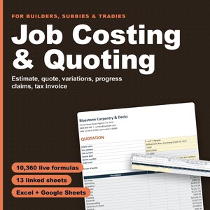 Job Costing and Quoting Spreadsheet for Builders, Australian Estimate Template, GST Progress Claim, Variation and Tax Invoice, Excel Sheets
