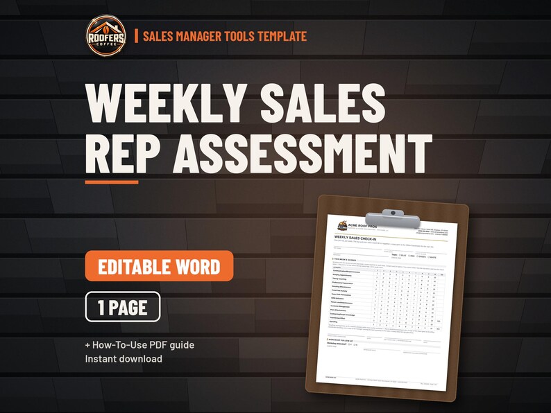 Weekly Sales Rep Assessment Scorecard, Editable Word Doc, Roofing Sales Coaching Check-In Form for Managers image 1