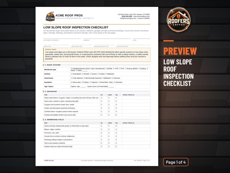 Low Slope Roof Inspection Checklist, Editable Word Doc, Flat and Commercial Roof Inspection Form for Contractors image 2