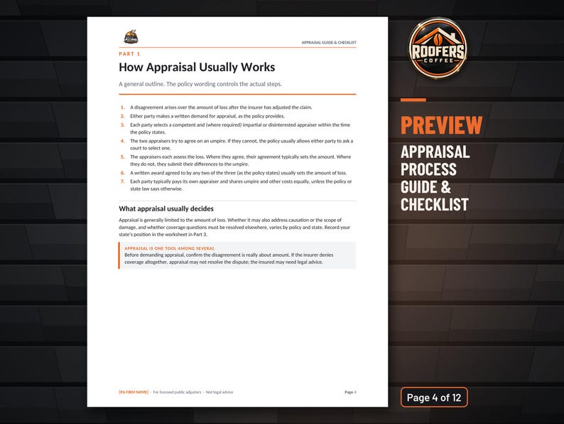 Insurance Appraisal Process Guide and Checklist for Public Adjusters, Editable Word Doc, Property Claim Appraisal Workbook image 2