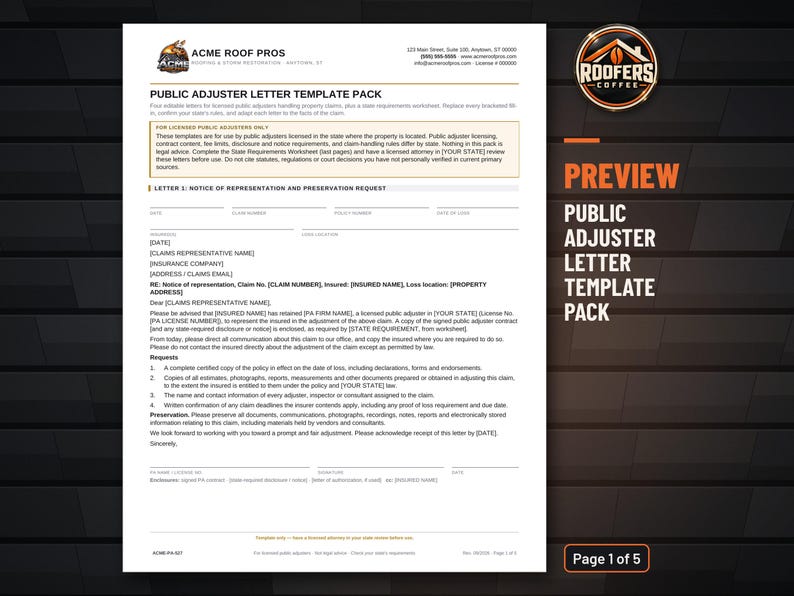 Public Adjuster Letter Template Pack, Editable Word Doc, Four Letters Including Notice of Representation for Licensed PAs image 2
