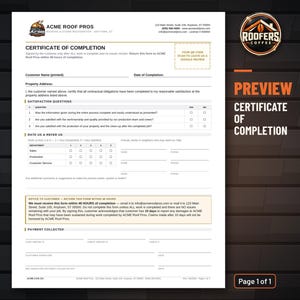 Certificate of Completion Template for Roofers, Editable Word Doc, Job Completion and Customer Satisfaction Sign-Off image 2