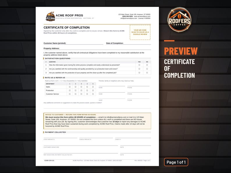 Certificate of Completion Template for Roofers, Editable Word Doc, Job Completion and Customer Satisfaction Sign-Off image 2