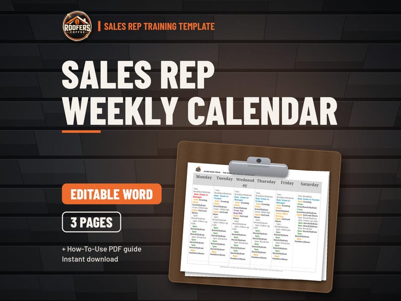 Sales Rep Weekly Schedule Template, Editable Word Doc, Roofing Sales Time Block Planner Monday to Saturday image 1