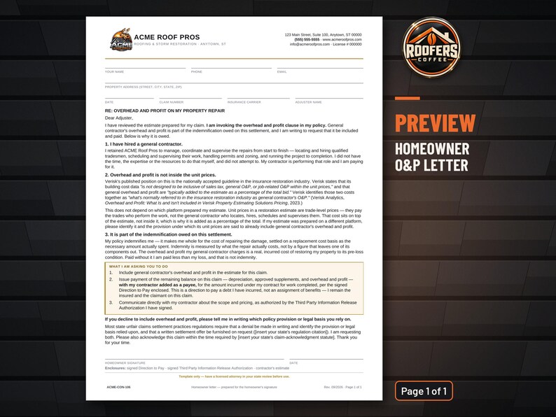 Homeowner O&P Letter Template, Editable Word Doc, Overhead and Profit Request Letter for Roofing Insurance Claims image 2