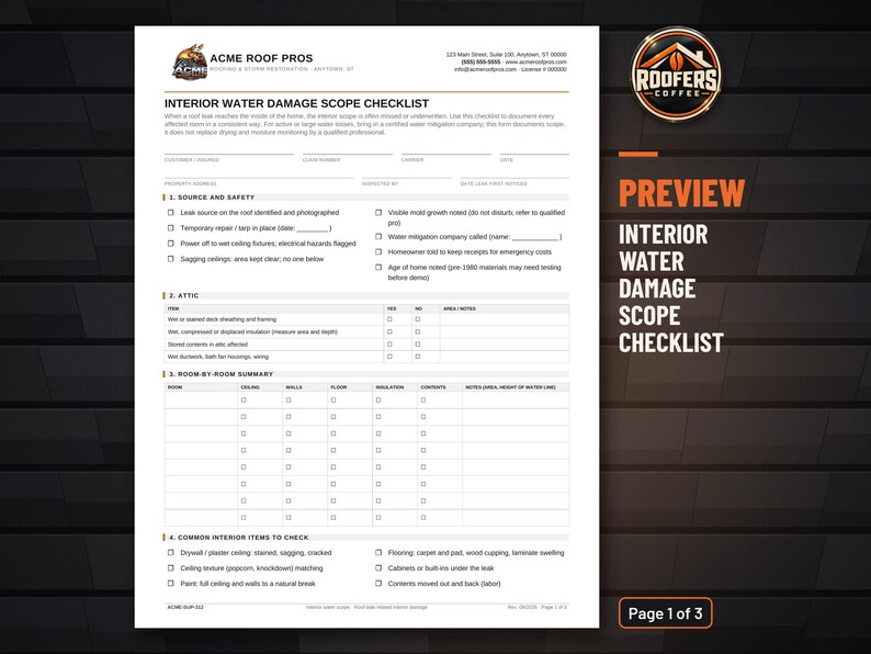 Interior Water Damage Scope Checklist, Editable Word Doc, Roof Leak Room-by-Room Damage Documentation Form image 2