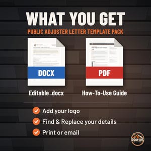 Public Adjuster Letter Template Pack, Editable Word Doc, Four Letters Including Notice of Representation for Licensed PAs image 3