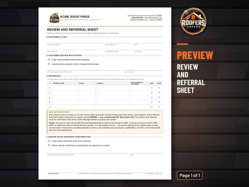 Customer Review and Referral Sheet Template for Roofers, Editable Word Doc, Online Review and Referral Capture Form image 2