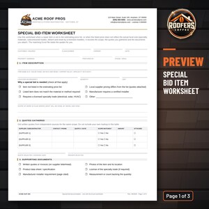 Special Bid Item Worksheet for Roofing Supplements, Excel Calculator and Word Form, Three-Quote Bid Item Documentation image 2