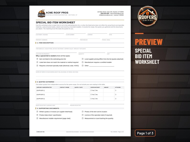 Special Bid Item Worksheet for Roofing Supplements, Excel Calculator and Word Form, Three-Quote Bid Item Documentation image 2
