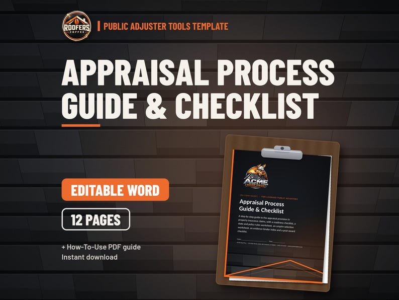 Insurance Appraisal Process Guide and Checklist for Public Adjusters, Editable Word Doc, Property Claim Appraisal Workbook image 1