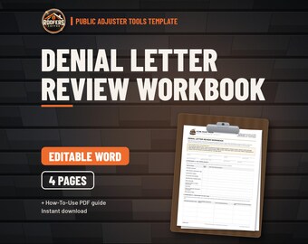 Claim Denial Letter Review Workbook for Public Adjusters, Editable Word Doc, Eight Worksheets for Denials and Partial Denials