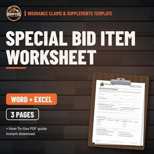 Special Bid Item Worksheet for Roofing Supplements, Excel Calculator and Word Form, Three-Quote Bid Item Documentation image 1
