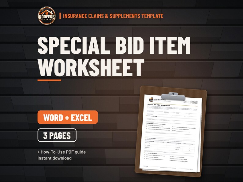 Special Bid Item Worksheet for Roofing Supplements, Excel Calculator and Word Form, Three-Quote Bid Item Documentation image 1