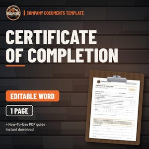 Certificate of Completion Template for Roofers, Editable Word Doc, Job Completion and Customer Satisfaction Sign-Off image 1
