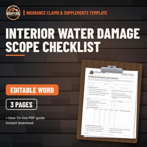 Interior Water Damage Scope Checklist, Editable Word Doc, Roof Leak Room-by-Room Damage Documentation Form image 1