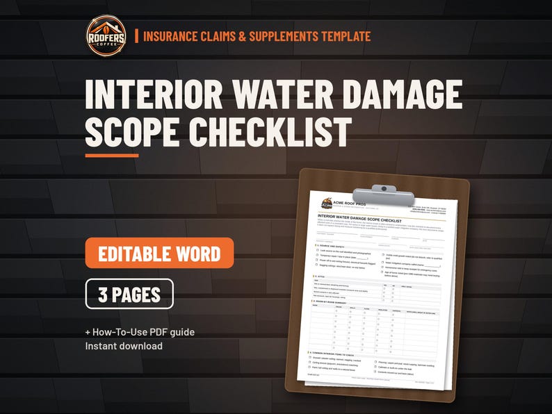 Interior Water Damage Scope Checklist, Editable Word Doc, Roof Leak Room-by-Room Damage Documentation Form image 1
