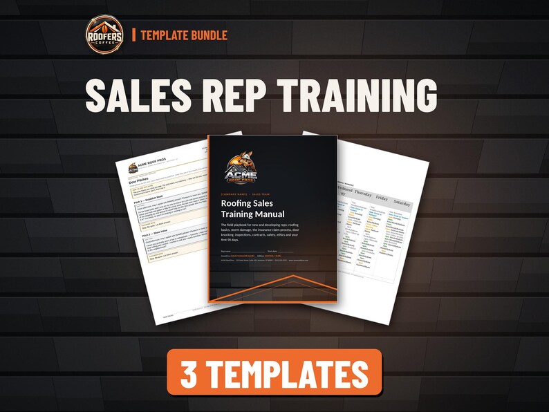 Roofing Sales Rep Training Bundle, 69-Page Sales Training Manual, Door Pitch Script Guide and Weekly Sales Schedule Planner, Editable Word image 1