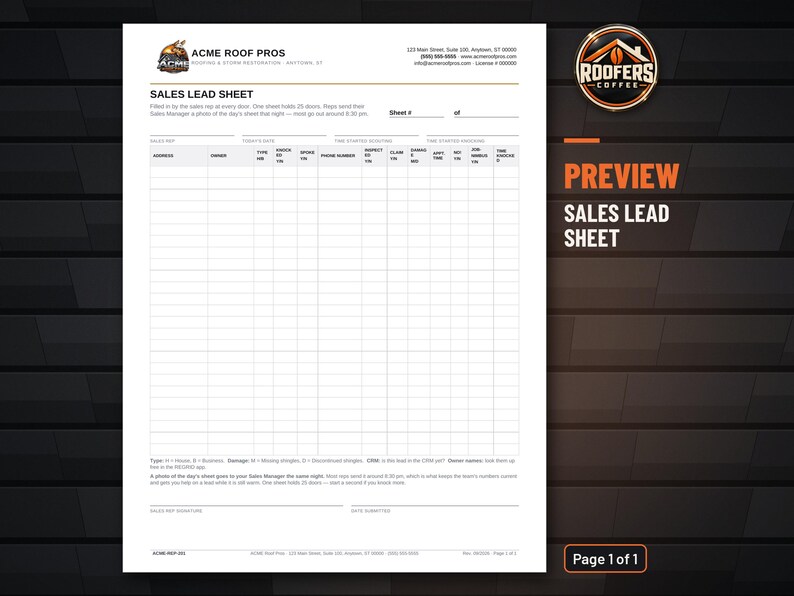 Door Knocking Lead Sheet for Roofing Sales, Editable Word Doc, 25-Door Canvassing Log and Lead Tracker image 2