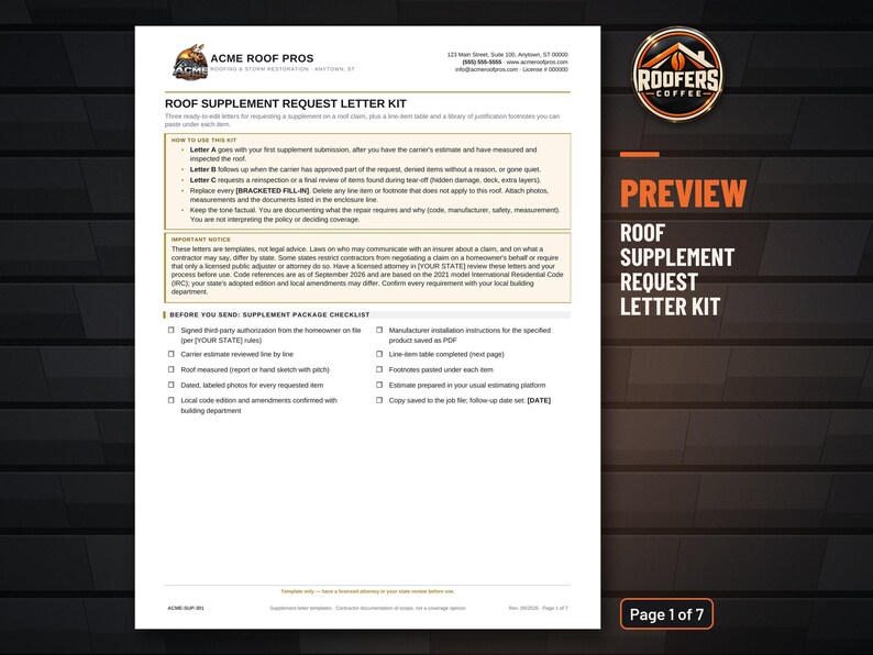 Roof Supplement Request Letter Kit, Editable Word Doc, Insurance Supplement Letters, Line Item Table and Statement Library image 2